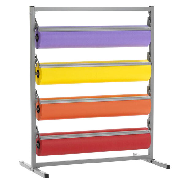 A Bulman tower rack with colorful paper rolls.