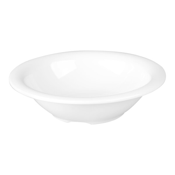 A white rimmed melamine bowl with a 12 oz. capacity.