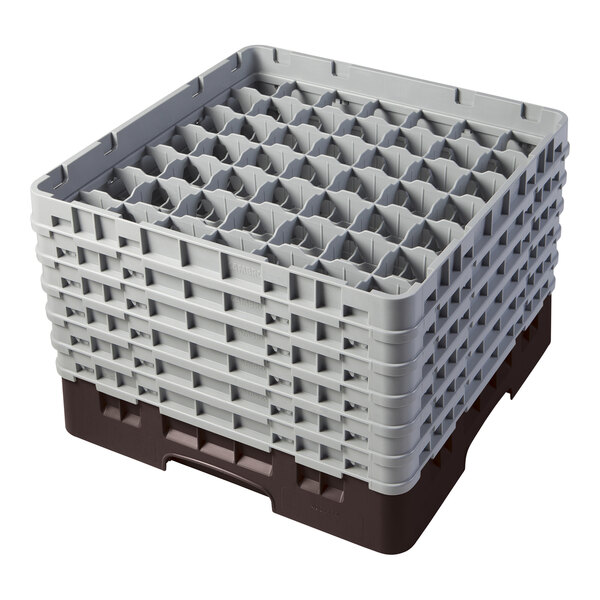 A brown plastic Cambro glass rack with extenders.