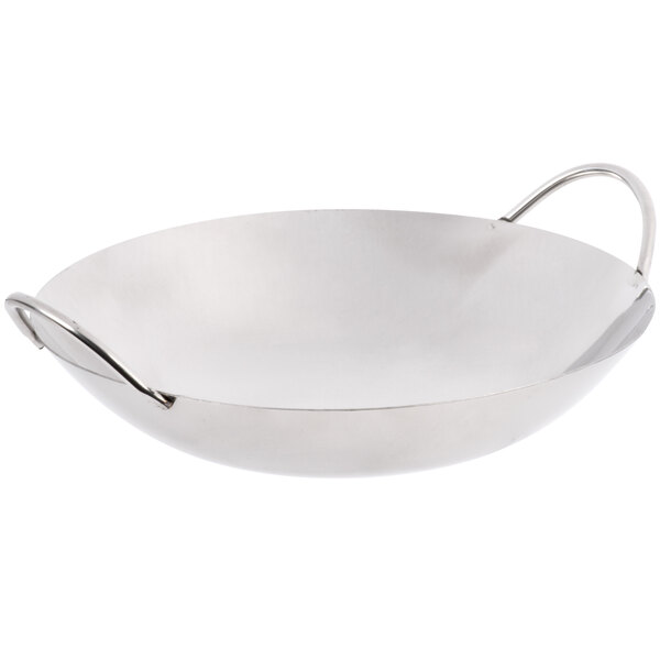 A Thunder Group stainless steel wok serving dish with handles.