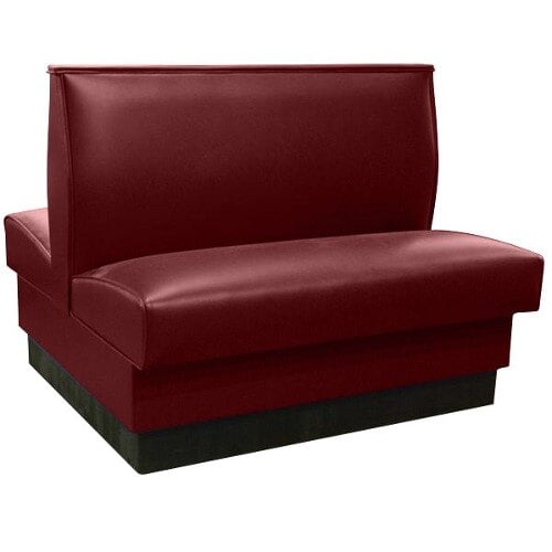 An American Tables & Seating red leather booth with a black base.