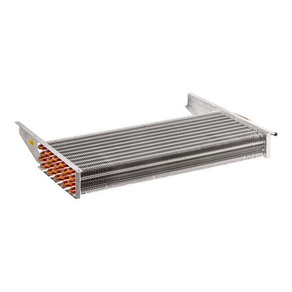 An Avantco evaporator coil with orange and white stripes on metal plates.