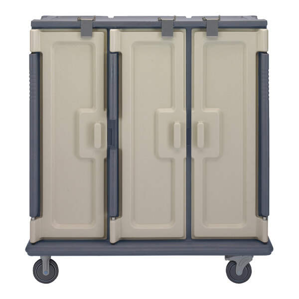 A close-up of a Cambro gray meal delivery cart door with a white door and black border.