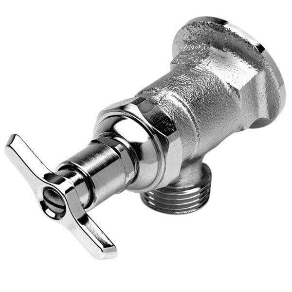 A silver metal pipe with a T-shaped metal handle and a nut.