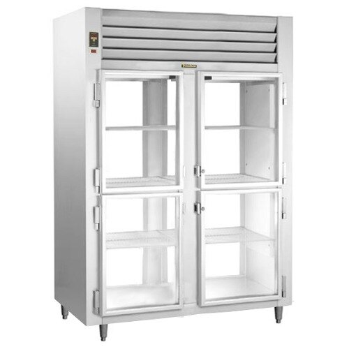 A Traulsen stainless steel pass-through refrigerator with glass doors.