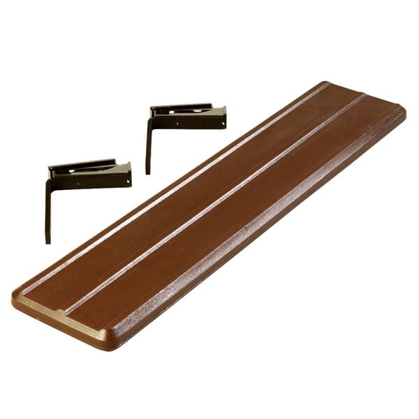 A brown rectangular tray slide with black metal brackets.