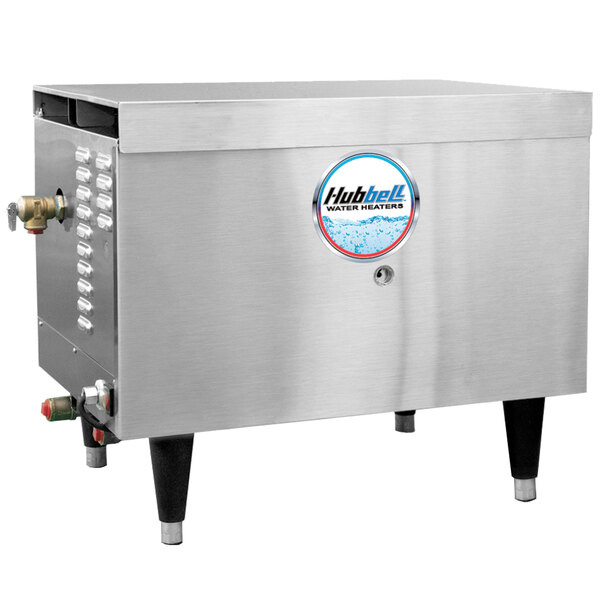 A large stainless steel Hubbell Natural Gas Booster Heater with a silver rectangular object with buttons.