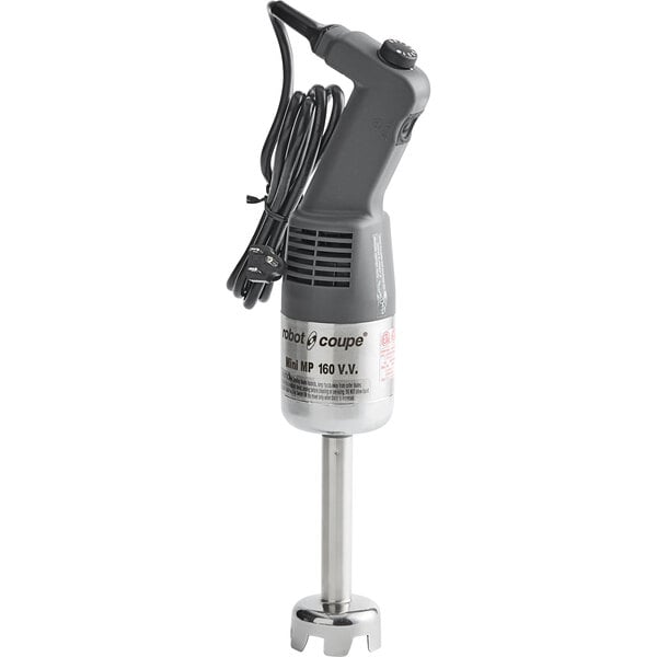 A Robot Coupe grey hand blender with a black cord.