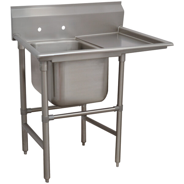 A stainless steel Advance Tabco one compartment pot sink with a right drainboard.
