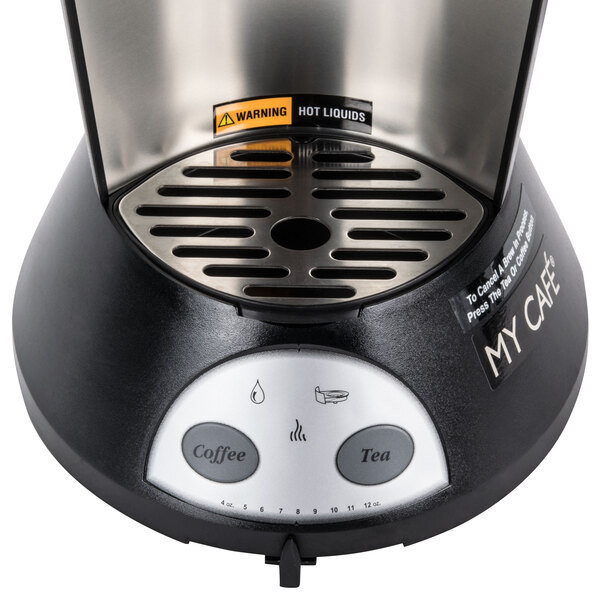 A black and silver Bunn My Cafe single cup coffee maker on a counter.