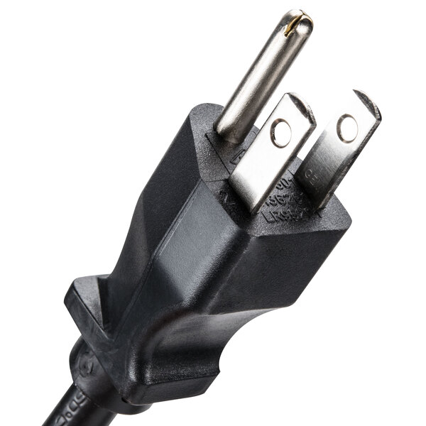 A close-up of the black power cord for a Bunn My Cafe Single Serving Pod Brewer with silver plugs.