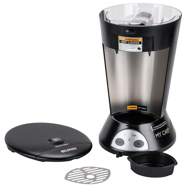 A black and silver Bunn My Cafe single serving commercial coffee maker on a kitchen counter.