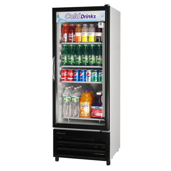 A Turbo Air white glass door refrigerator filled with soda and water.