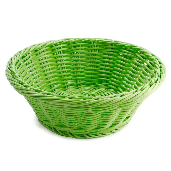 A green Designer Polyweave round basket with a handle.