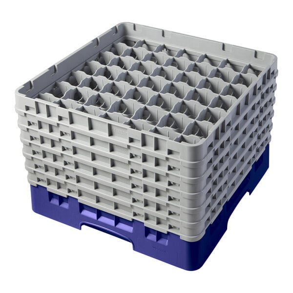 A navy blue plastic Cambro glass rack with extenders.