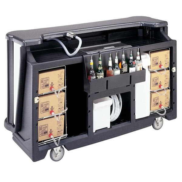 A black Cambro portable bar with bottles and boxes on it.