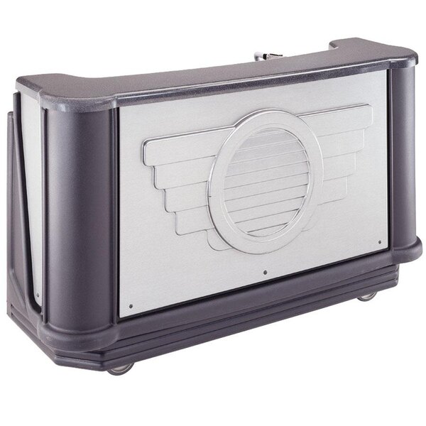 A black and silver Cambro portable bar with a circular design.