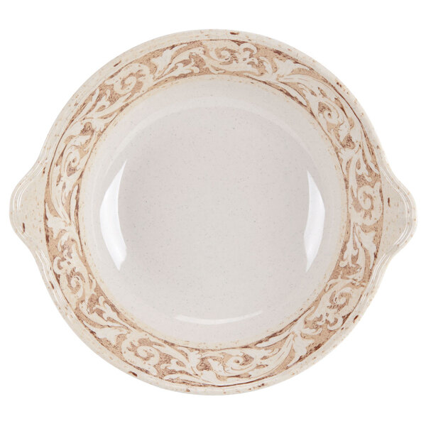 A white melamine bowl with a decorative design on it.