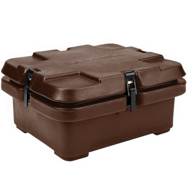 A brown plastic box with black handles.