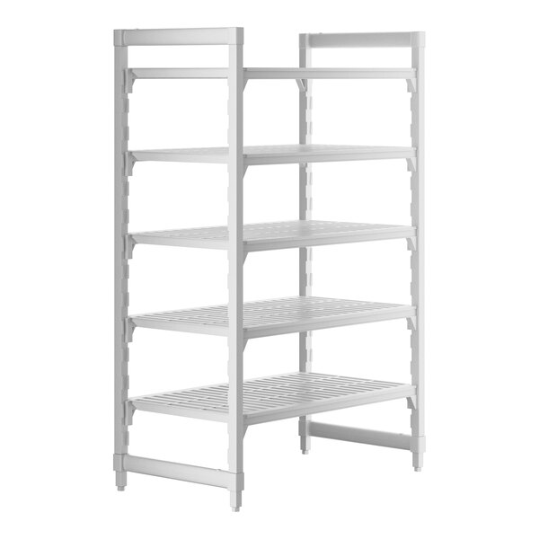 A white plastic Cambro Camshelving® Premium shelving unit with 5 vented shelves.
