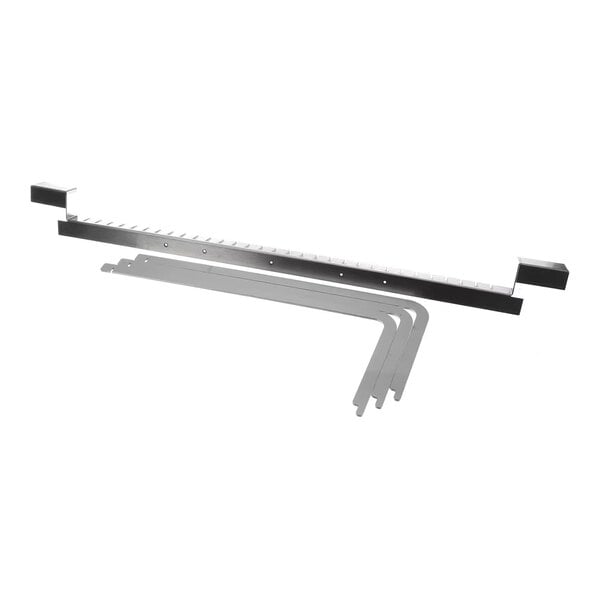 A metal divider kit with a long slotted bar and three angled brackets, designed for use with roller grills.