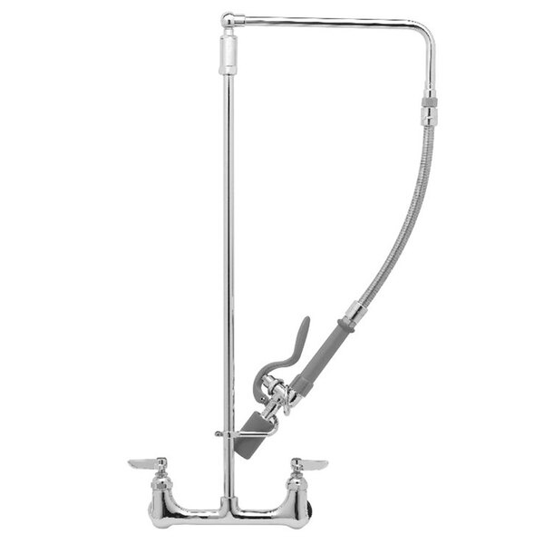 A T&S chrome wall-mounted pre-rinse faucet with a swivel arm, handle, and hose.