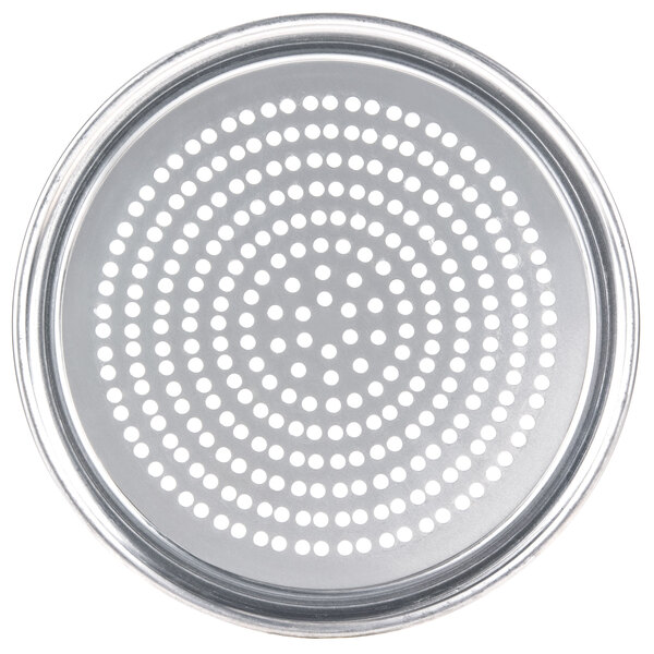 An American Metalcraft heavy weight aluminum pizza pan with holes in it.