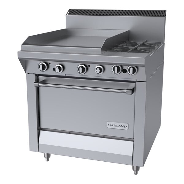 A commercial stainless steel range with two burners, a 23-inch griddle, and a standard oven.