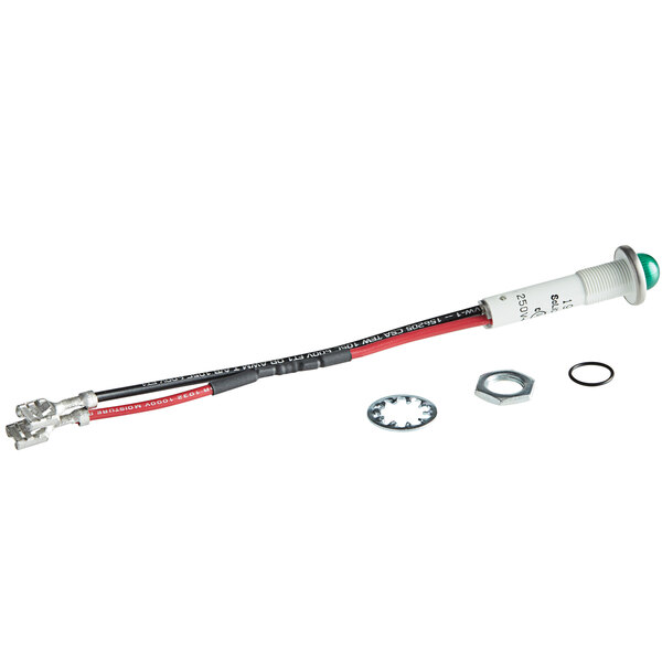 A white and green cable with a nut and bolt.