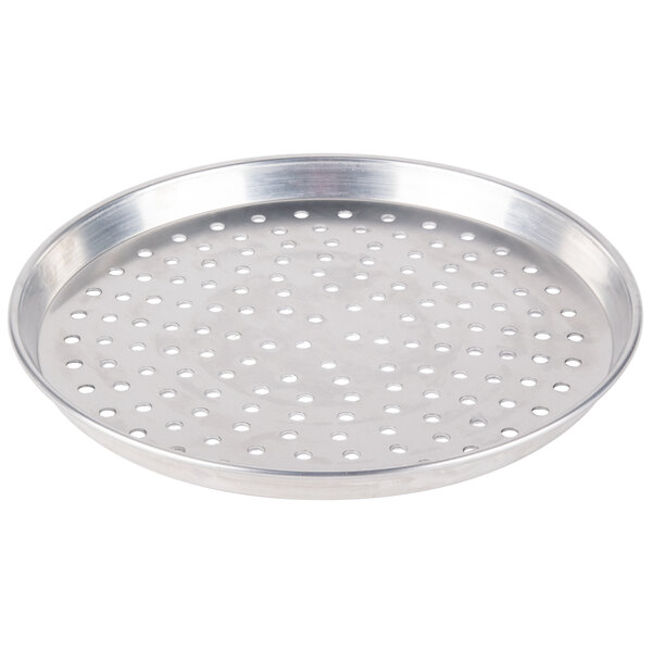 An American Metalcraft heavy weight aluminum pizza pan with holes.