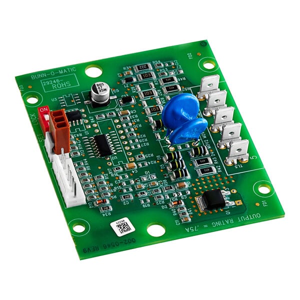 A green circuit board for a Bunn coffee brewer with blue buttons.