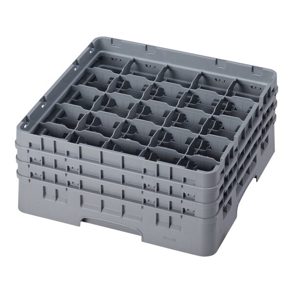 A soft gray Cambro glass rack with 25 compartments and 3 extenders.