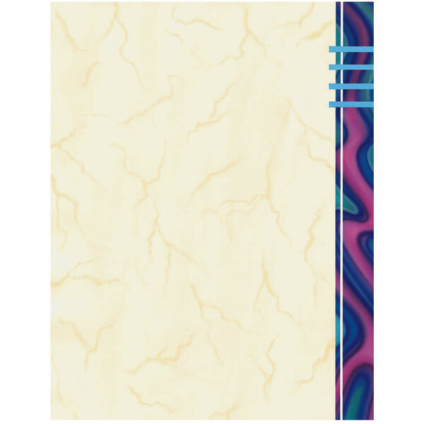 White menu paper with a blue wave border.