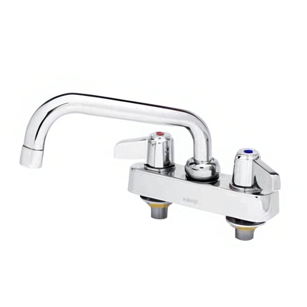 A silver Equip by T&S deck mounted workboard faucet with two handles and an 8 1/8" swing nozzle.