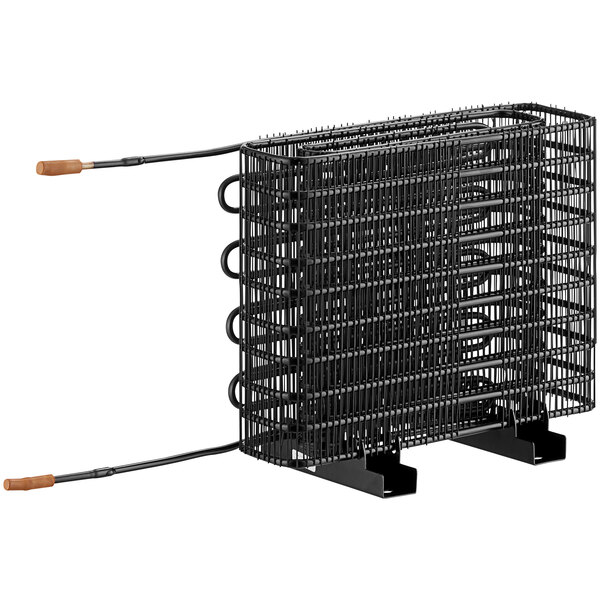 A black wire meshed Avantco condenser coil with two wires.