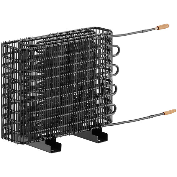 A black wire meshed Avantco condenser coil with wires attached.