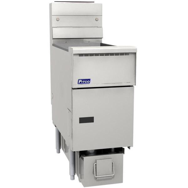 A large white Pitco Solstice floor fryer with a drawer.