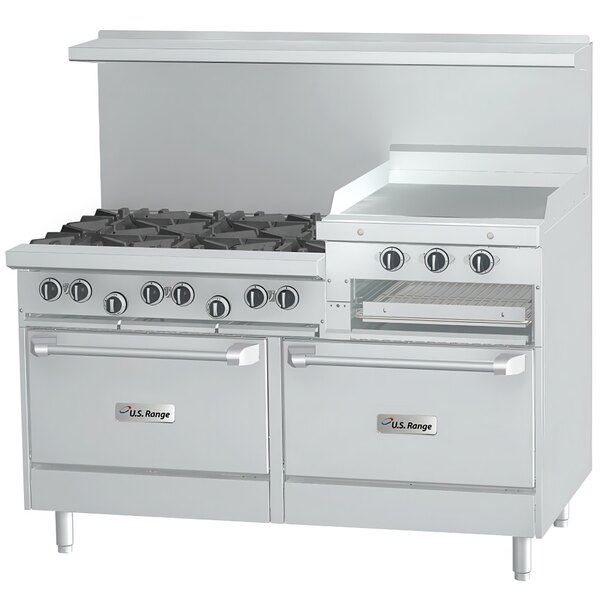 A white U.S. Range gas range with 6 burners, a raised griddle, and 2 ovens.