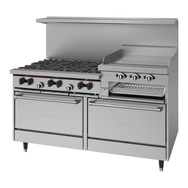 A large stainless steel Garland commercial gas range with two burners and two ovens.