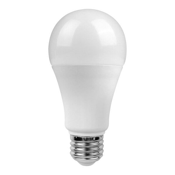 A close-up of a Satco frosted white LED light bulb with a silver base.