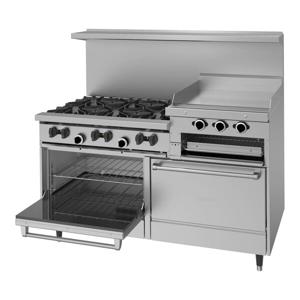 A commercial stainless steel gas range with six burners, a raised griddle/broiler, and two standard ovens.