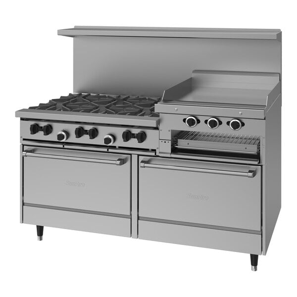 A commercial stainless steel gas range with six burners, a raised griddle/broiler, and two standard ovens.