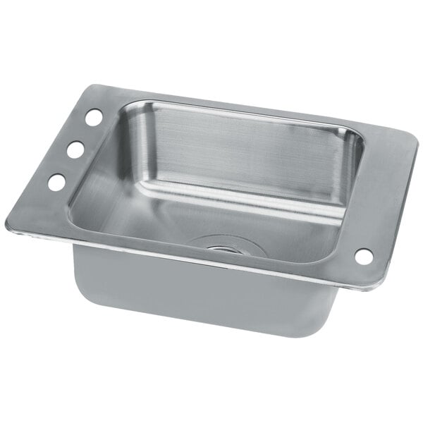 A stainless steel sink with a hole for a bubbler on a counter.