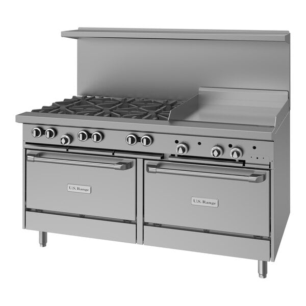 A large stainless steel commercial gas range with six burners, a 24-inch griddle, and two standard ovens.
