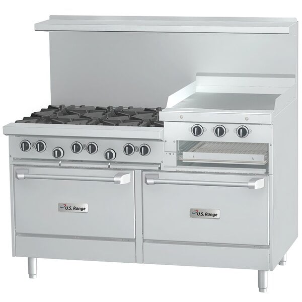 A white U.S. Range gas range with 6 burners, 24" raised griddle, and 2 ovens.