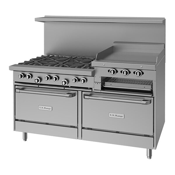 A large stainless steel commercial gas range with six burners, a 24-inch raised griddle and broiler, and two standard ovens.