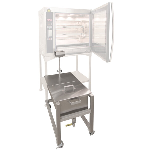 A stainless steel Alto-Shaam rotisserie oven with a tray on wheels.