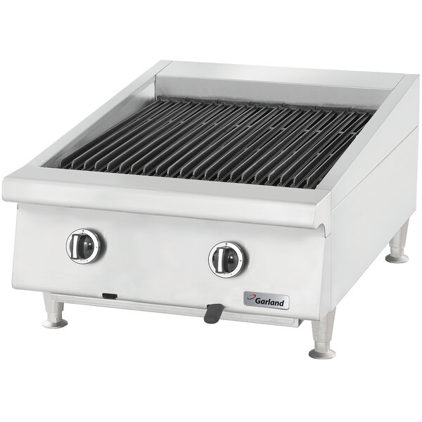 A Garland liquid propane ceramic briquette charbroiler on a counter.
