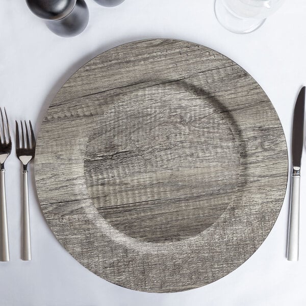 The Jay Companies 1270397 13 Round Poplar Dark Gray Faux Wood Melamine Charger Plate