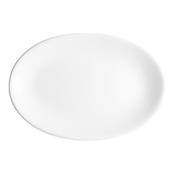An Acopa bright white oval stoneware platter with a white background.